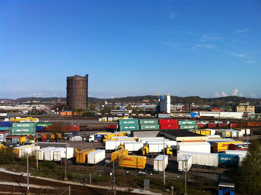 Aerial view of an industrial cargo area in Gothenburg, Sweden, showcasing logistics and transportation.